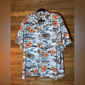 KALAHEO USS Midways Aircraft Carrier Hawaiian Shirt Blue With Hibiscus Men’s 2XL